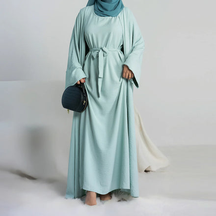 2 Piece Set Abaya Cardigan with Sleeveless Inner Dress Elegant Crinkle Textured Modest Muslim Kaftan Kimono Robe Outfit