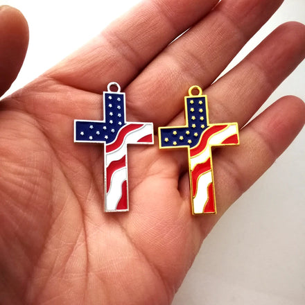Gold Plated Enameled Cross Shape Charm American Flag Pendant Jewelry