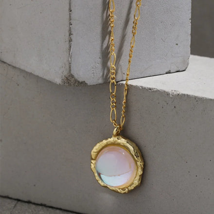 FUAMAY 925 Silver Gemstone Jewelry Round Shape Large Gemstone Moonstone Necklace Ladies Raw Rainbow Moonstone Pendant Necklace