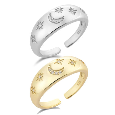 FUAMAY S925 Silver Zircon Moon & Star Adjustable Engagement Anniversary Ring Bold Open Starburst