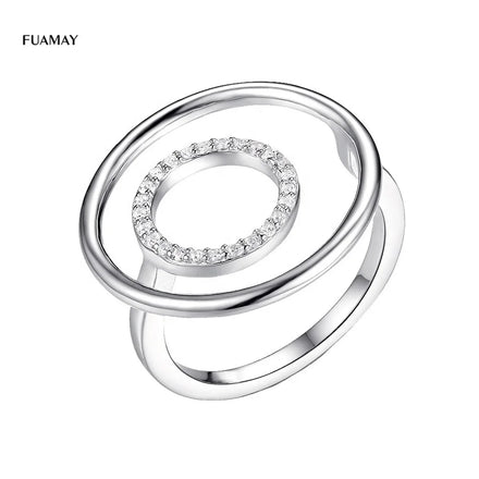 FUAMAY S925 Geometric Circle Zircon Double Halo Eternity Band Ring 18K Gold Plated for Teenage Girls Office/Career