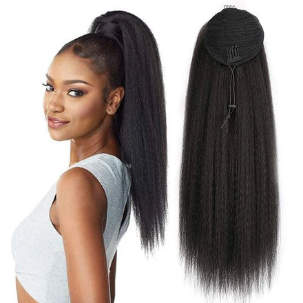 Kinky Straight Hair Afro Puff Ponytail Extensions Yaki Straight Synthetic Hair Drawstring Ponytail Clip in Hair Extensions