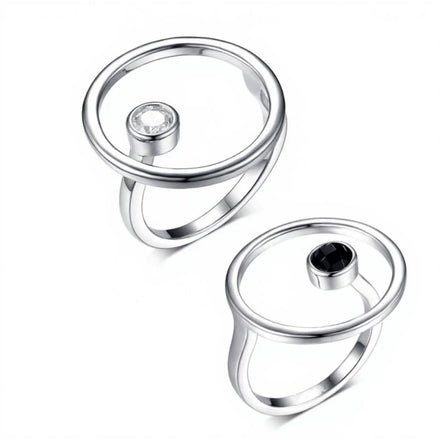 FUAMAY S925 Silver Wedding Ring with Onyx White CZ Round Princess Cut Diamond Minimalist Jewelry for Engagement & Party
