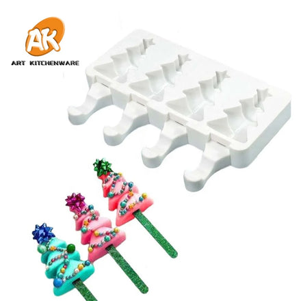 AK 4 Cavities Christmas Tree Ice Cream Molds Silicone Cake Tools Cakesicle Chocolate Cake Pop Moulds