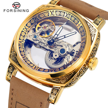 New Design Forsining Factory Skeleton Automatic Men Watch Brown Genuine Leather Wrist Watch for Men