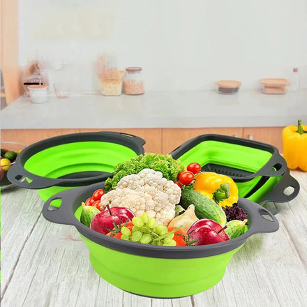 Folding Washing Vegetable Drain Basket Red Strainer Silicone Square 2 Collapsible Colander Set