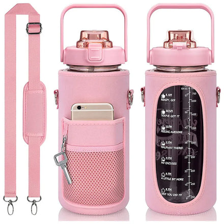 2022 64oz BPA Free Fitness Tritan Largre Capacity Plastic Protein Motivational Water Bottle Protective Sleeve with Strap Straw