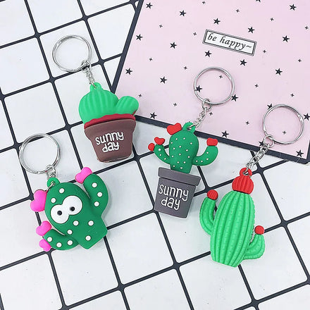 New Design 3D Mini Potted Cactus Keychain Silver Metal Silicone Key Ring Gift Jewelry Pendant for Earth Day/Easter Automobile