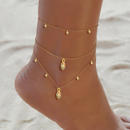 HOVANCI Wholesale Fashion Three Layer Chain Eye Beads Anklets Colorful Zircon Evil Eyes Women Anklet