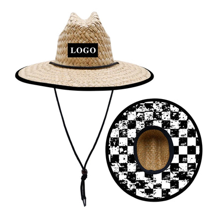 Manufacturers Big Brim UV Protect Straw Lifeguard Hat Checkered Lined Custom Beach Hats
