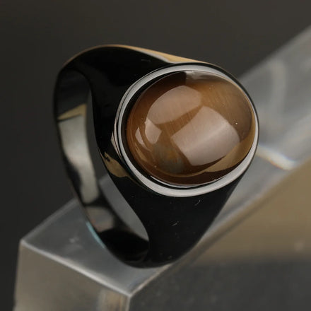 Cool Trend Black 316l Stainless Steel Artificial Opal Ring Oval Black and Red Cats Eye Stone Gemstone Ring tiger Eye