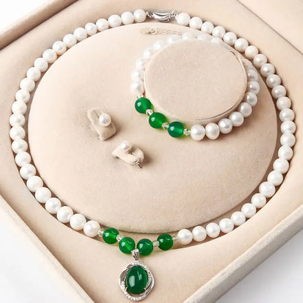 Certified Fashion Womens Latest Pearl Jewelry Set Integrity Necklace Green Agate Pendant 925 Silver
