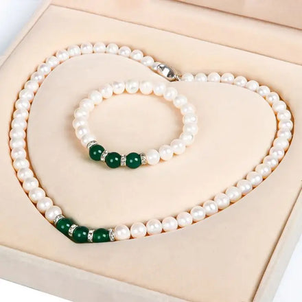 Green Agate Pendant Natural Pearl Wire Bangle Bracelet Elastic Necklace Set Wholesale