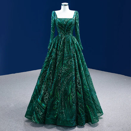 Rsm222106 Hot Sale Custom Elegant Long Sleeve Green Floor Length Backless Prom Evening Gown Dress for Women