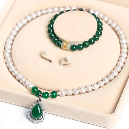 Certified ZZXL-N0010-03 Women Wedding Jewelry Bridal Freshwater Pearl Drop Pendant Agate Set