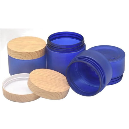 100 120 150 200 250g PET Plastic Cream Jar Frosted Blue Body Scrub Pot Eye Cream Container Cosmetic Plastic Jars False Wood Lid