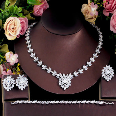 4pcs Bright White African Nigerian CZ Cubic Zirconia Flower Leaf Necklace Earrings Jewelry Sets for Wedding Bridal Party Wear