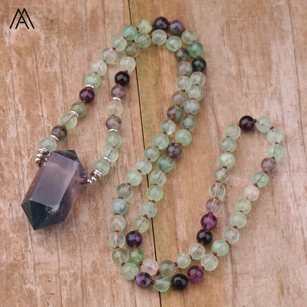 Natural Fluorite Handmade Classic Mala Necklace for Women Yoga Jewelry Silver Plated Bronze String Wedding Engagement Party