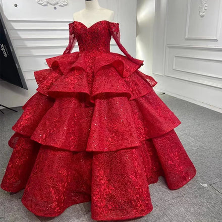 Rsm67498 New Sweet Strapless Gorgeous Red Ball Gown Long Sleeve Embroider Wedding Dress
