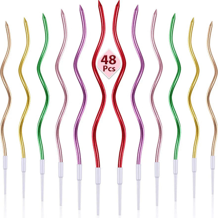 48 Pieces Twisty Spiral Metallic Colorful Long Thin Curly Coil Cake Cupcake Birthday Candles with Holders