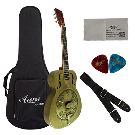 China Aiersi Style O Gloss Brass Metal Body Vintage Single Cone Biscuit Bridge Acoustic Resonator Guitar Blues String Instrument