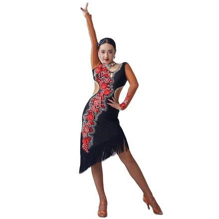 L-2034 New Latin Dance Dress Competition Costumes Performing Dress Adult Customize Adult Black Fringe Dress for Sale