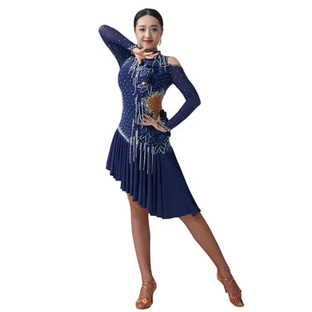 L-2045 Latin Dance Dress Competition Costumes Skirt Performing Dresses Rhinestones Customize Size Dark Blue Dress for Sale