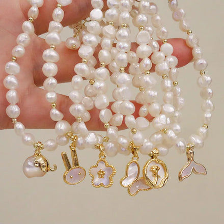 Korean Elegant Irregular Baroque Natural Freshwater Pearl Bead Shell Elephant Butterfly Flower Fishtail Rabbit Charm Bracelet