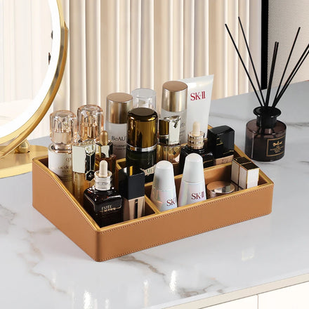 Makeup Storage Basket Bins with Dividers for Women Cosmetics Display Case Leather Skincare Multifunctional Desktop Organizers
