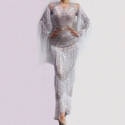 Vestido Long Sleeve Rhinestone Tassel Dinner Gown Evening Dresses Ladies Maxi Bodycon Party Club Dress Women Long Prom Dress