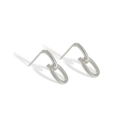 WMEB094 Sterling Silver Interlocking Oval Drop Earrings Matte Retro Double Link Unisex Fine Studs Plain Silver Earrings