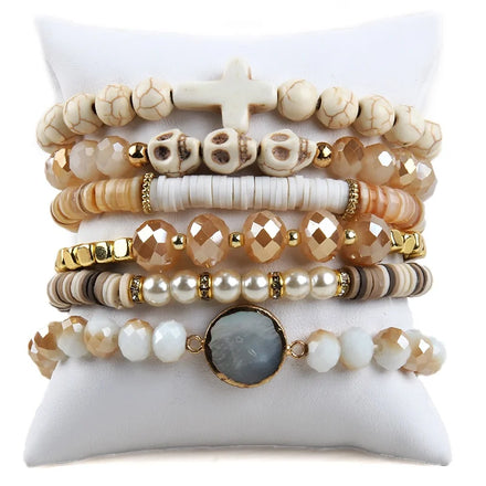 Fashion Skull Jewelry 6pcs Natural Stone Crystal Glass Shell Polymer Clay Hematite Pearl Bracelet Cross Charm Stack Bracelet Set