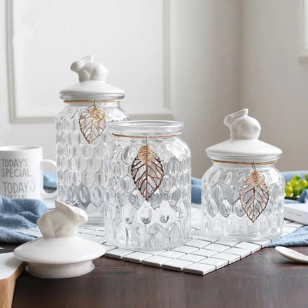 Ceramic Rabbit Shape Lid Glass Sealed Kitchen Storage Jar Minimalist Design Sustainable Steamable Carton for Tea Candy Food Back