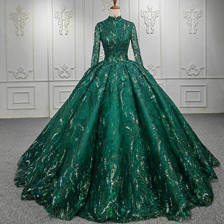 1108 New Arrivals Flower Sequin Long Sleeve Dress Sparkling Folds Club Wedding Gown