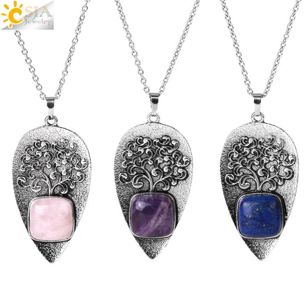 CSJA New Tree of Life Pendant Healing Natural Stone Square Beads Water Drop Crystal Necklace Jewelry Women H132