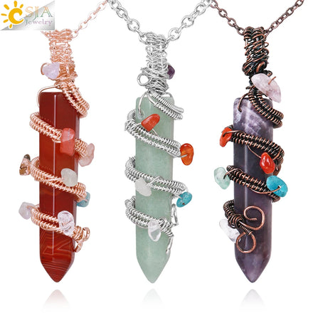 CSJA Wholesale Viking Men Necklaces Jewelry Wire Wrapped Reiki 7 Chakras Natural Crystal Healing Stone Pendant Necklace H134