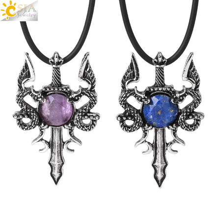 CSJA Newest Design Natural Crystal Healing Stone Stainless Steel Inlaid Double Dragon Sword Pendant Necklaces for Men H143