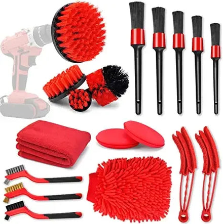 18-Piece Red PP Car Detailing Brushes Kit Drill Tools for Interior and Exterior Wheel & Air Vents Cleaning
