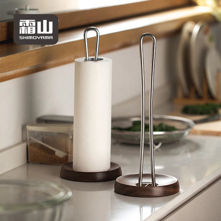 SHIMOYAMA Kitchen Roll Paper Holder 304 SS Kitchen Countertop Tissue Paper Towel Holder Stand With Walnut Base