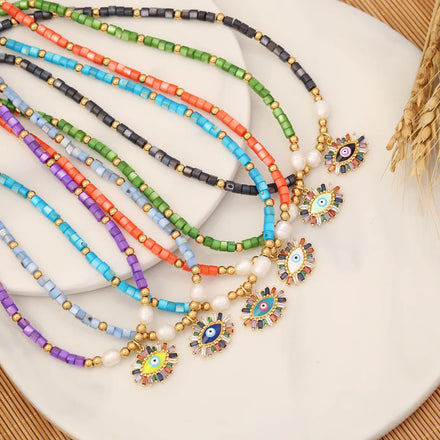 New Summer Bohemian Beads Evil Eyes Pendant Necklace Jewelry Long Shell Fresh Water Pearl Necklace for Women Jewelry