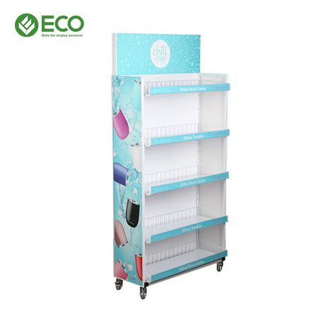 Customized 5-Tier Corrugated Cardboard Beverage Water Bottle Display Stand Wheels for Floor Promotion ECO Brand ISO9001