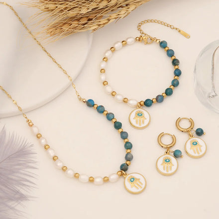Boho Pearl/Natural Gemstone/Stainless Steel Gold Ball Beads Hasma Hand Evil Eyes Necklace Earrings Set for Women Jewelry