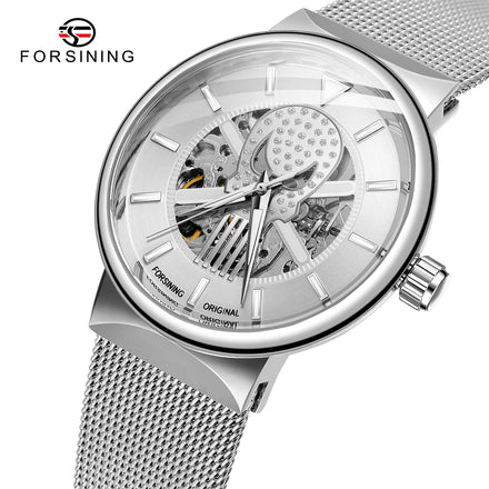 Forsining Men Luminous Rhinestone Skull Shape Watches Unique Automatic Mechanical 3D Skeleton Watch With Mesh Steel Band for Man