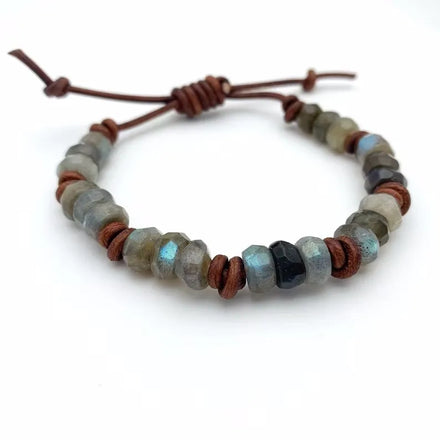 Natural Labradorite Gemstone and Rustic Brown Braided Leather Stacking Wrap Bracelet for Women Jewelry