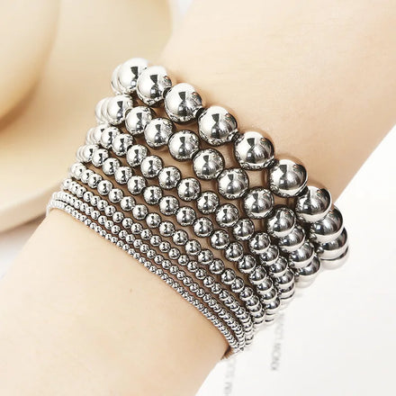 Fashion Shining Stainless Steel Multi Size Small Round Beads Bracelet Beaded Elastic Bracelet for Men Women Girls Jewelry