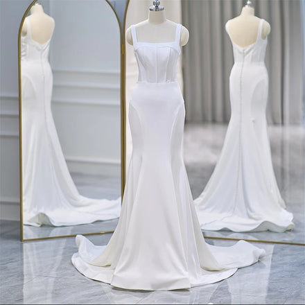 Jancember QD06179 Classic White Tank Square Collar Mermaid Sleeveless Bridal Dress