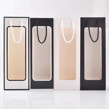 Wholesale Luxury Art Paper Wine Gift Bags with Embossing Custom Packaging with Clear Window Recyclable for Candle & Craft Use