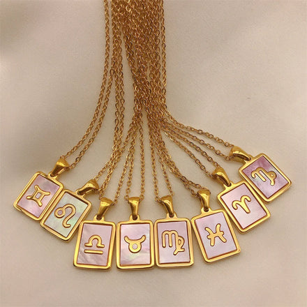 Pink Enamel Zodiac Sign Necklace Gold Plated Stainless Steel Rectangle Horoscope Pendant Zodiac Necklace for Women Jewelry