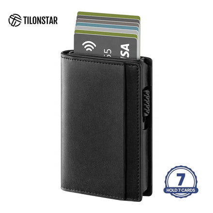 TILONSTAR Pop up RFID Blocking Minimalist Metal Card Case Aluminum Leather Credit Card Holders Wallet
