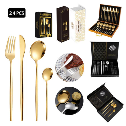 Portugal Gold Plated Luxury Mirror Polish Stainless Steel Flatware Bulk Spoons Forks and Knife Cutlery Set for Wedding